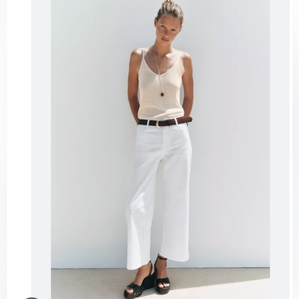 Zara Highrise Wide Leg Cropped White Collette Jeans Size 10 Cotton